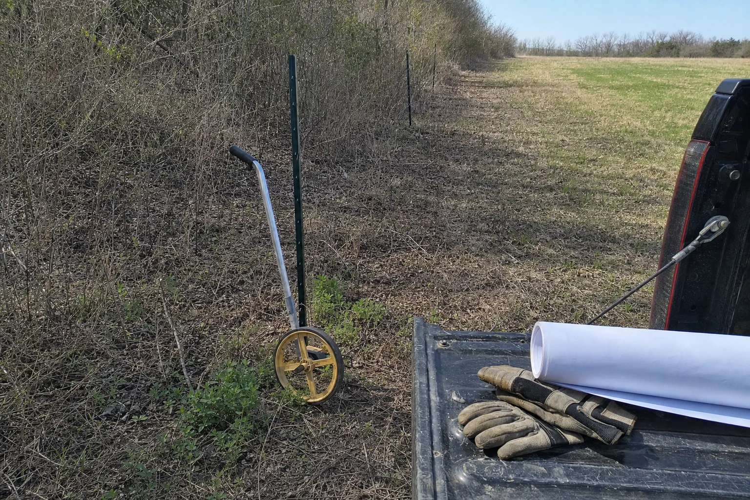 The measuring wheel rests by brush beside gloves and a rolled plan.