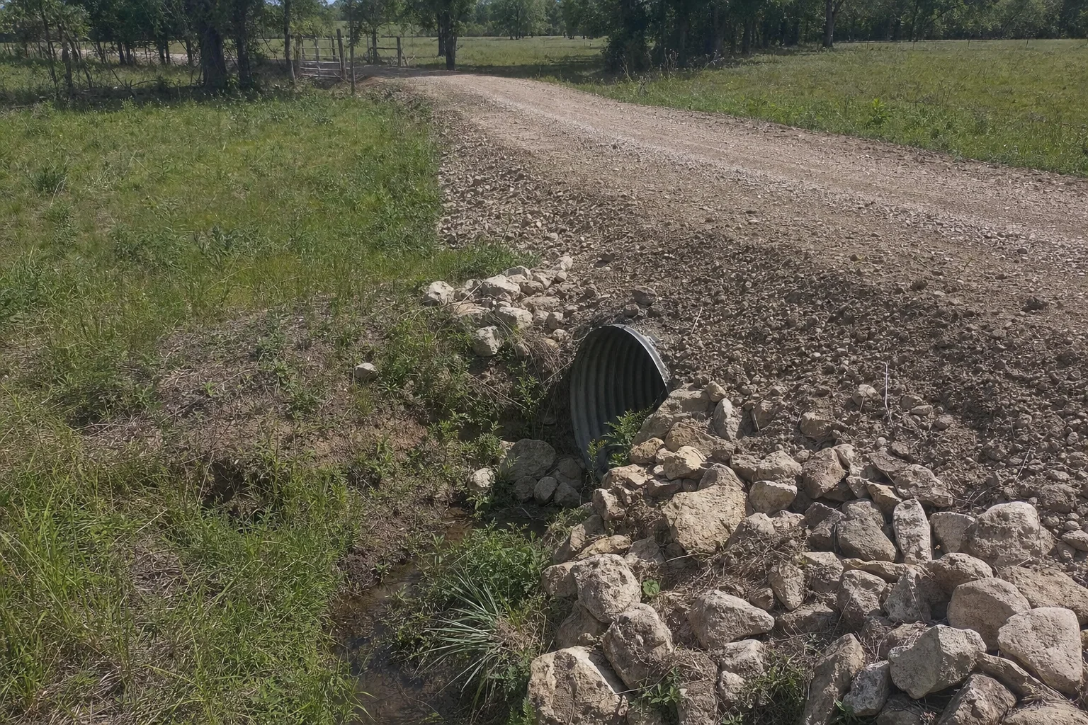 Rock surrounds the culvert mouth beneath the gravel crossing and grassy ditch.
