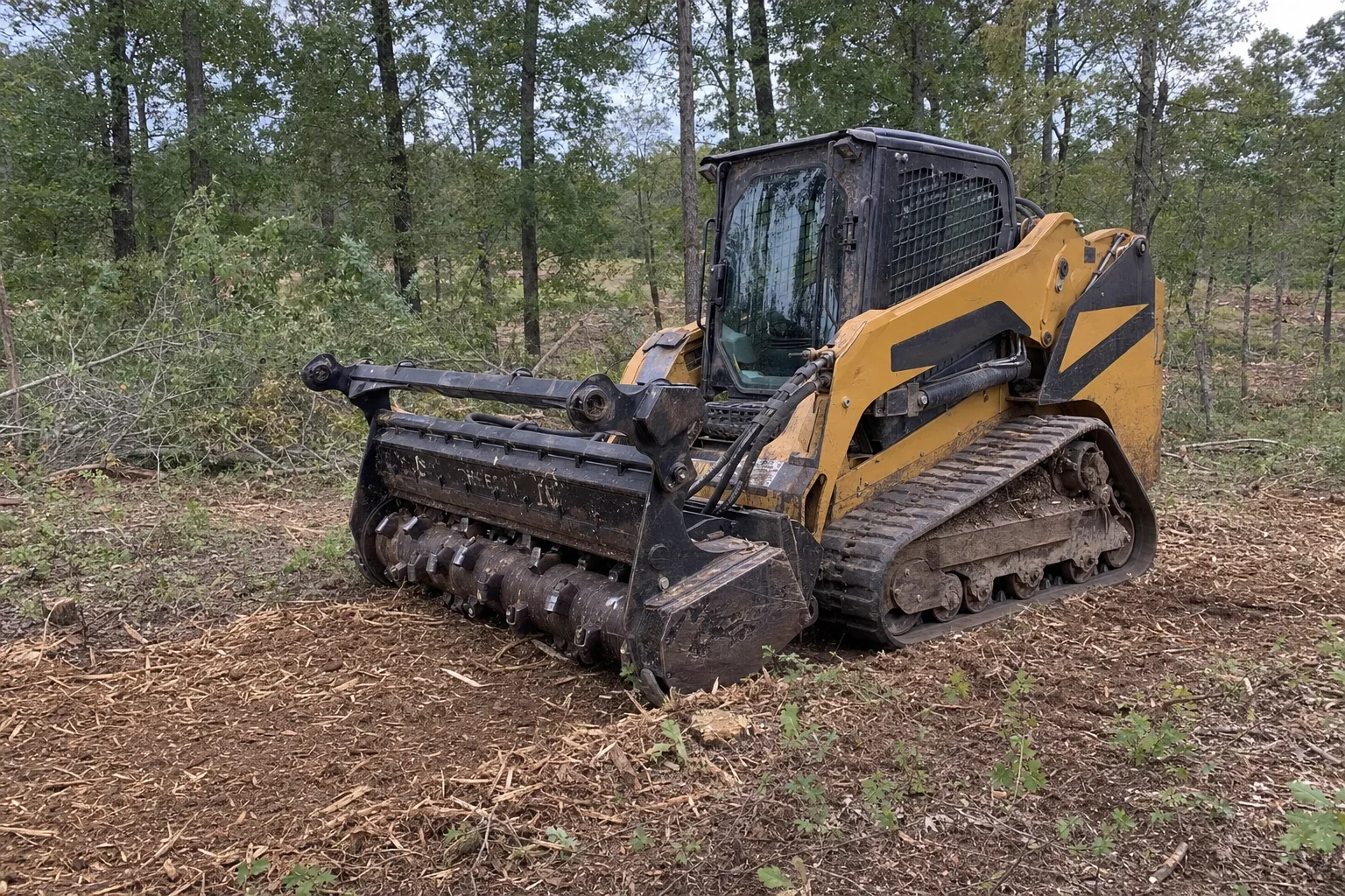 The forestry drum sits low over fresh chips beside the tracked loader.