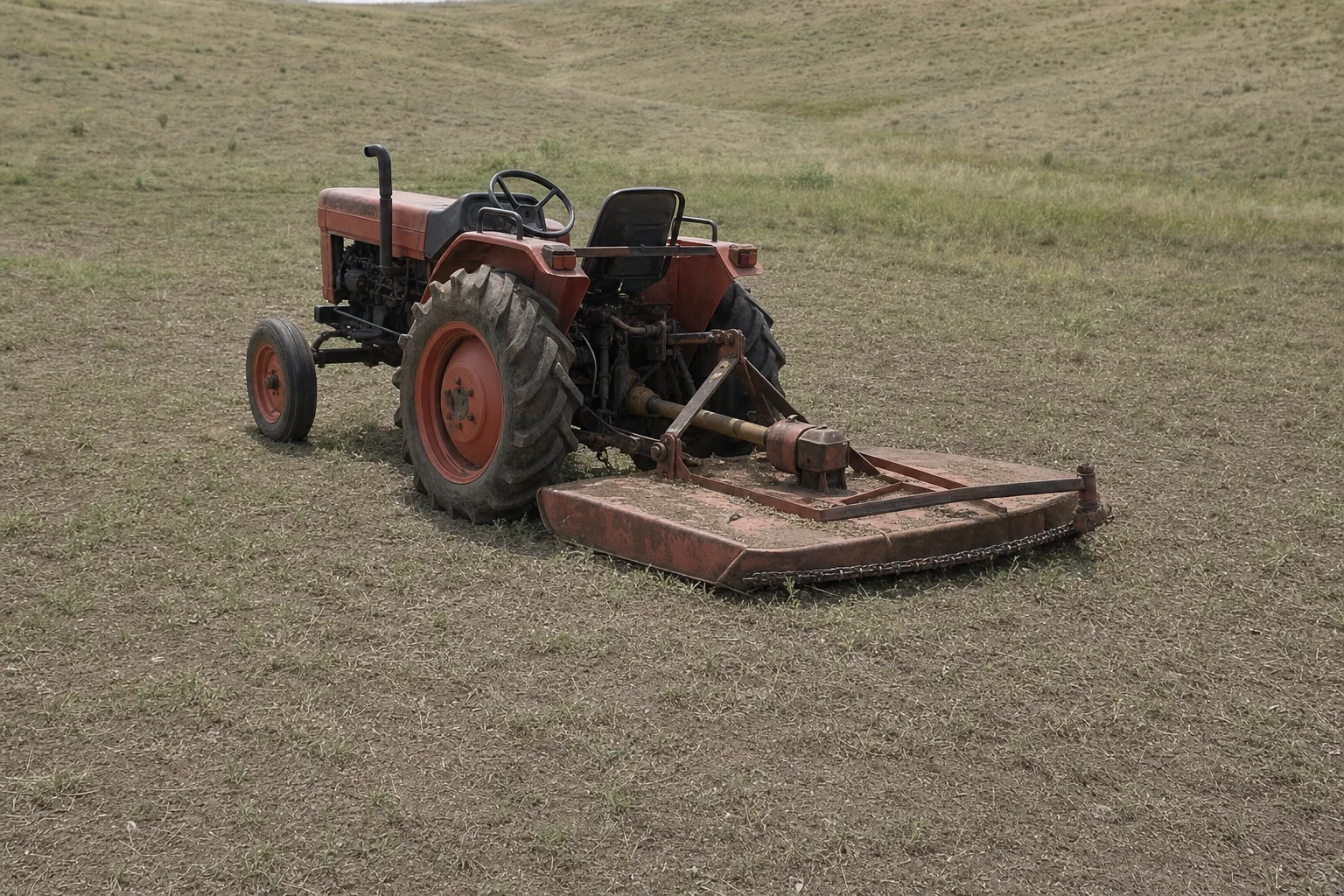 An old tractor and rear cutter sit on short, rough plains grass.