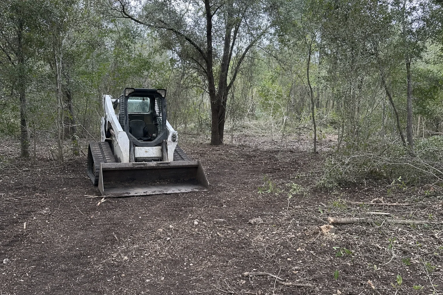 The bucket is down beside a big oak and cut underbrush.
