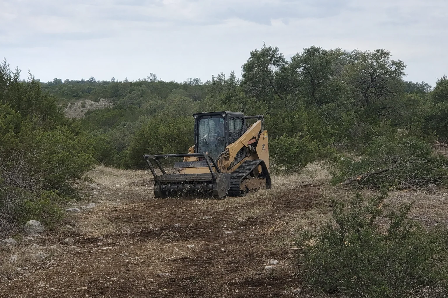 Rocky ground and cedar brush frame the lowered forestry head.