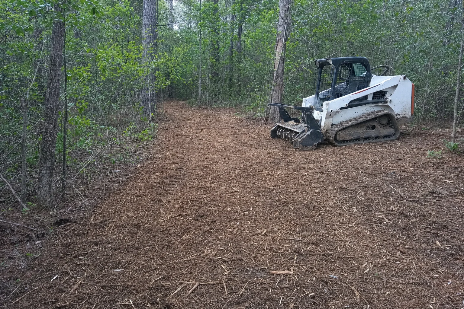 Past the parked mulcher, the chip-covered trail bends into mixed woods.