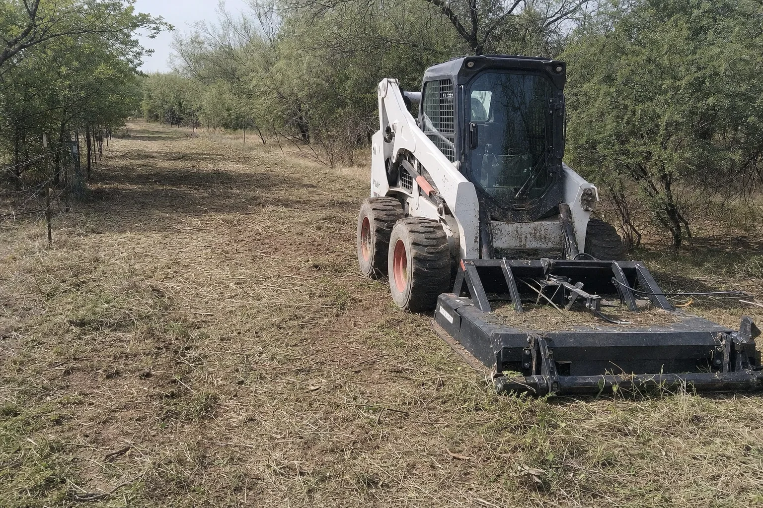 Short cut growth runs along the fence past the wheeled loader.
