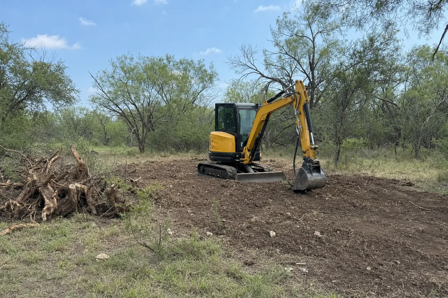 Pulled root crowns lie beside the excavator and its disturbed work patch.