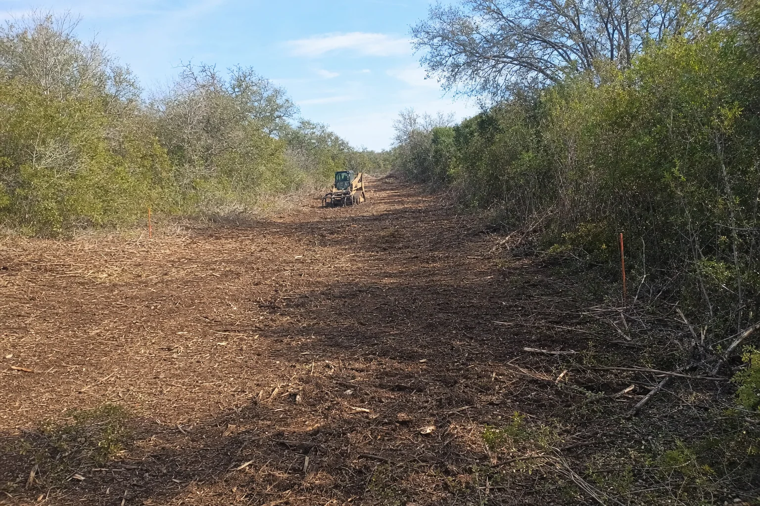 Orange stakes mark a straight chip-covered corridor with a loader ahead.