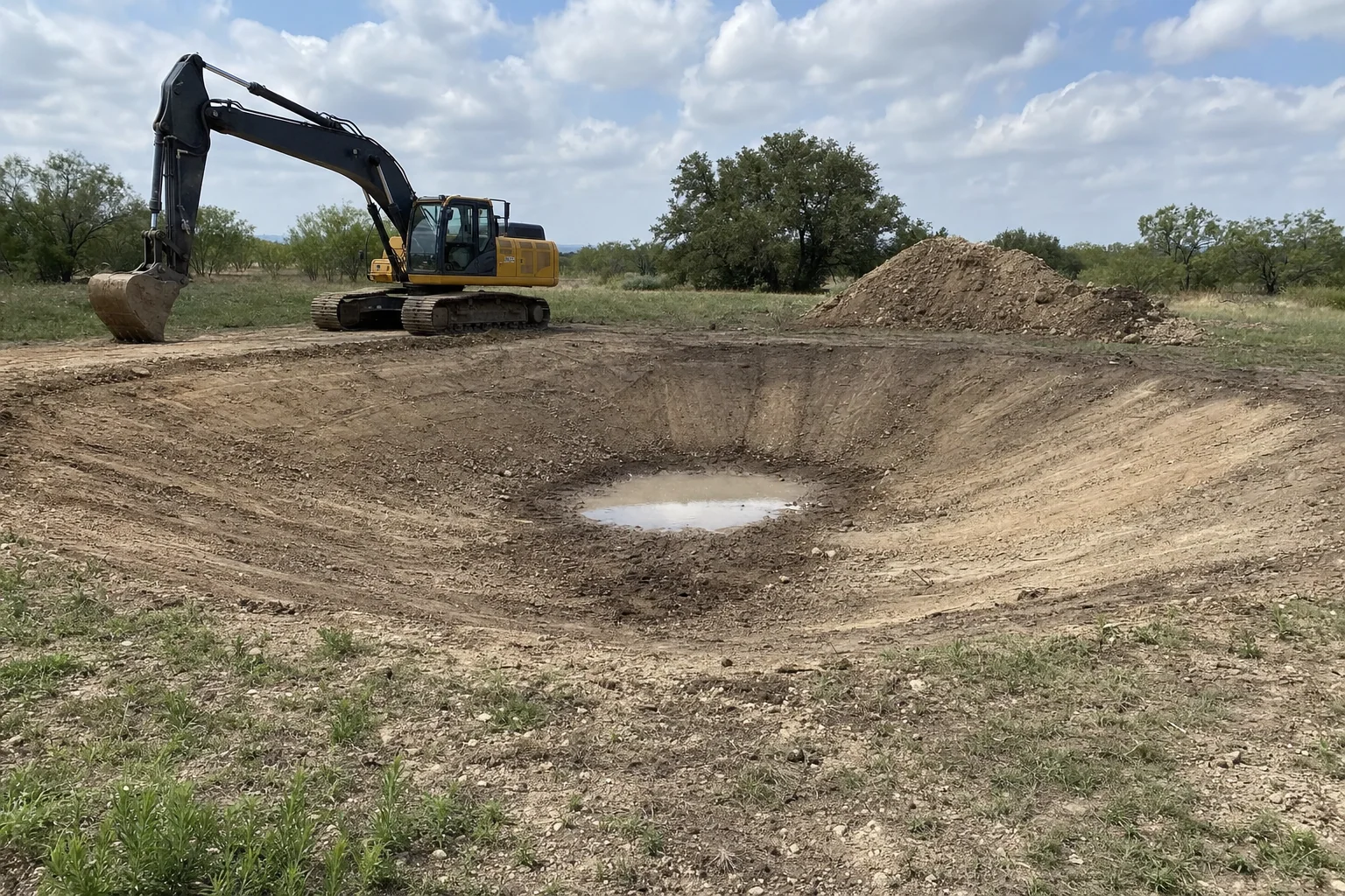 A little muddy water sits below the sloped banks and parked excavator.